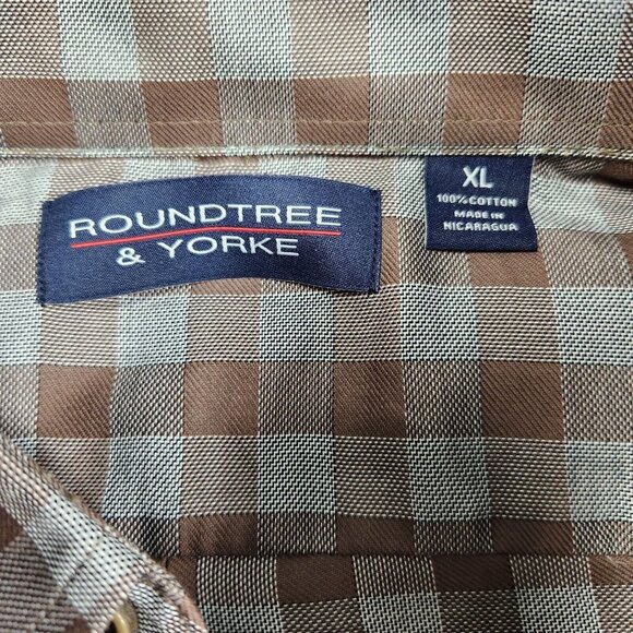 Roundtree & Yorke Mens SIZE XL Brown Checkered Button-Down Shirt Long Sleeve - Picture 3 of 10